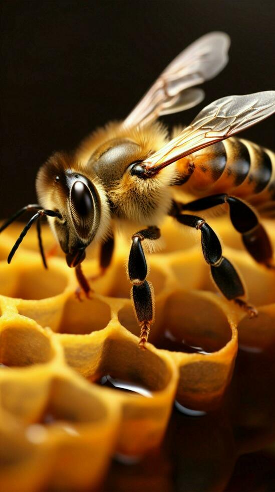 amante de la miel abeja en peine superficie con Copiar espacio ai generado foto