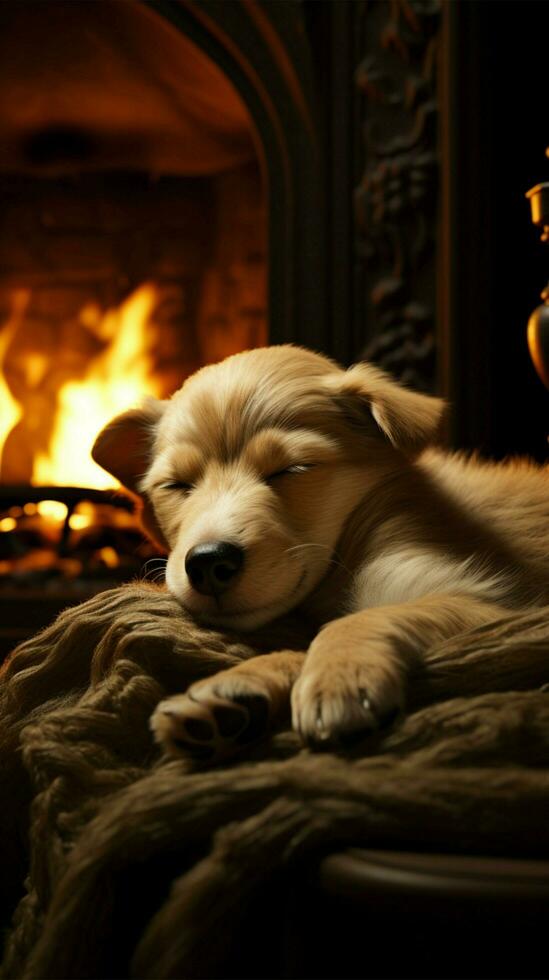 Puppy sleeping by the fireplace AI Generated photo