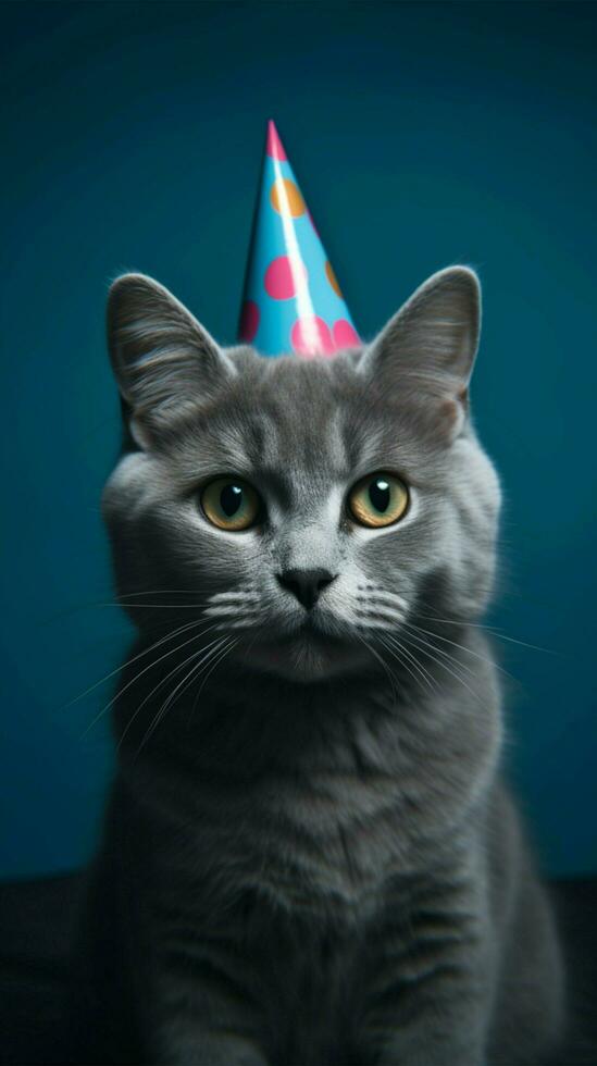 Birthday purrs, cat with hat on blue AI Generated photo