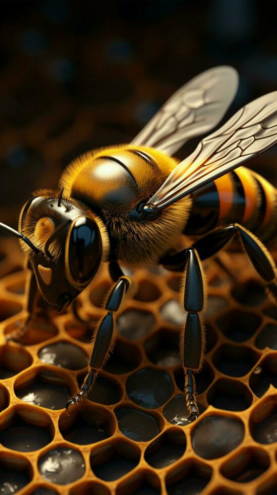 Cybernetic bee on honeycomb background AI Generated photo