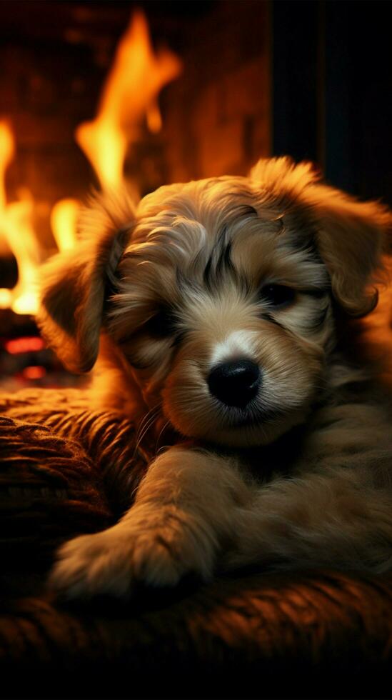 Dreaming puppy next to the glowing fire AI Generated photo