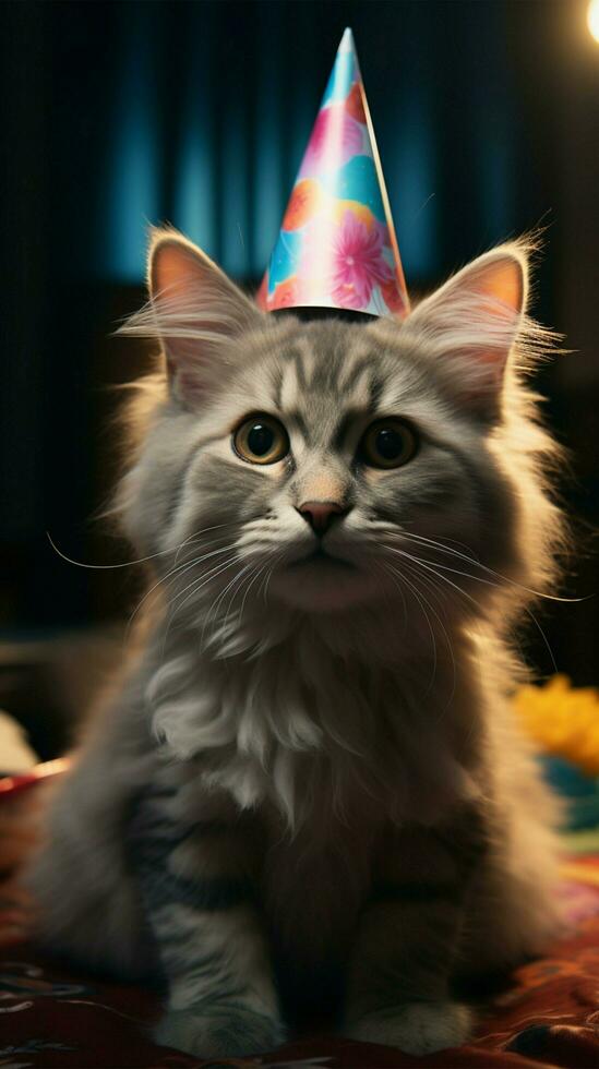 felino celebracion, gatito con cumpleaños sombrero ai generado foto