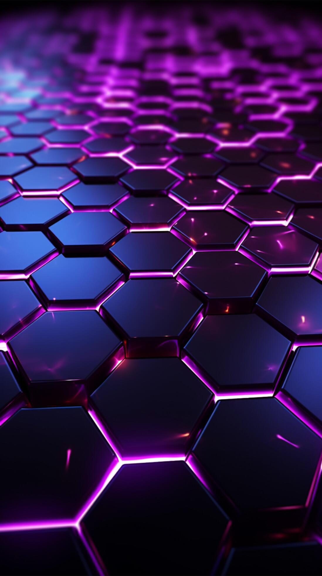 Abstract dark background with purple luminous hexagons, technology