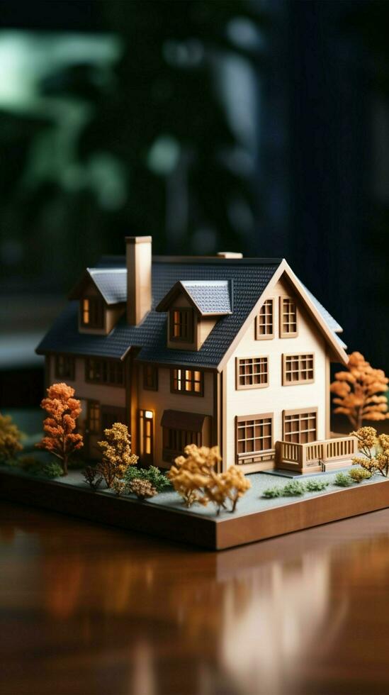 House model on wood table. Real estate agent offer house, property insurance Vertical Mobile Wallpaper AI Generated photo