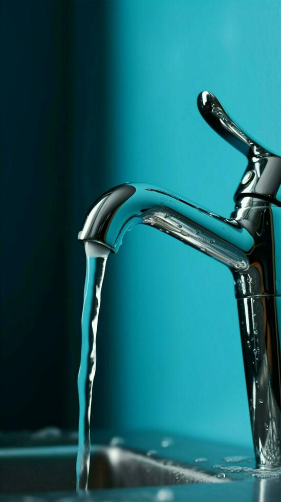 Save water conceptmetallic faucet with single drop blue background Vertical Mobile Wallpaper AI Generated photo