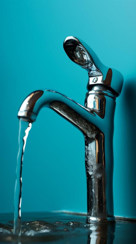 Save water conceptmetallic faucet with single drop blue background