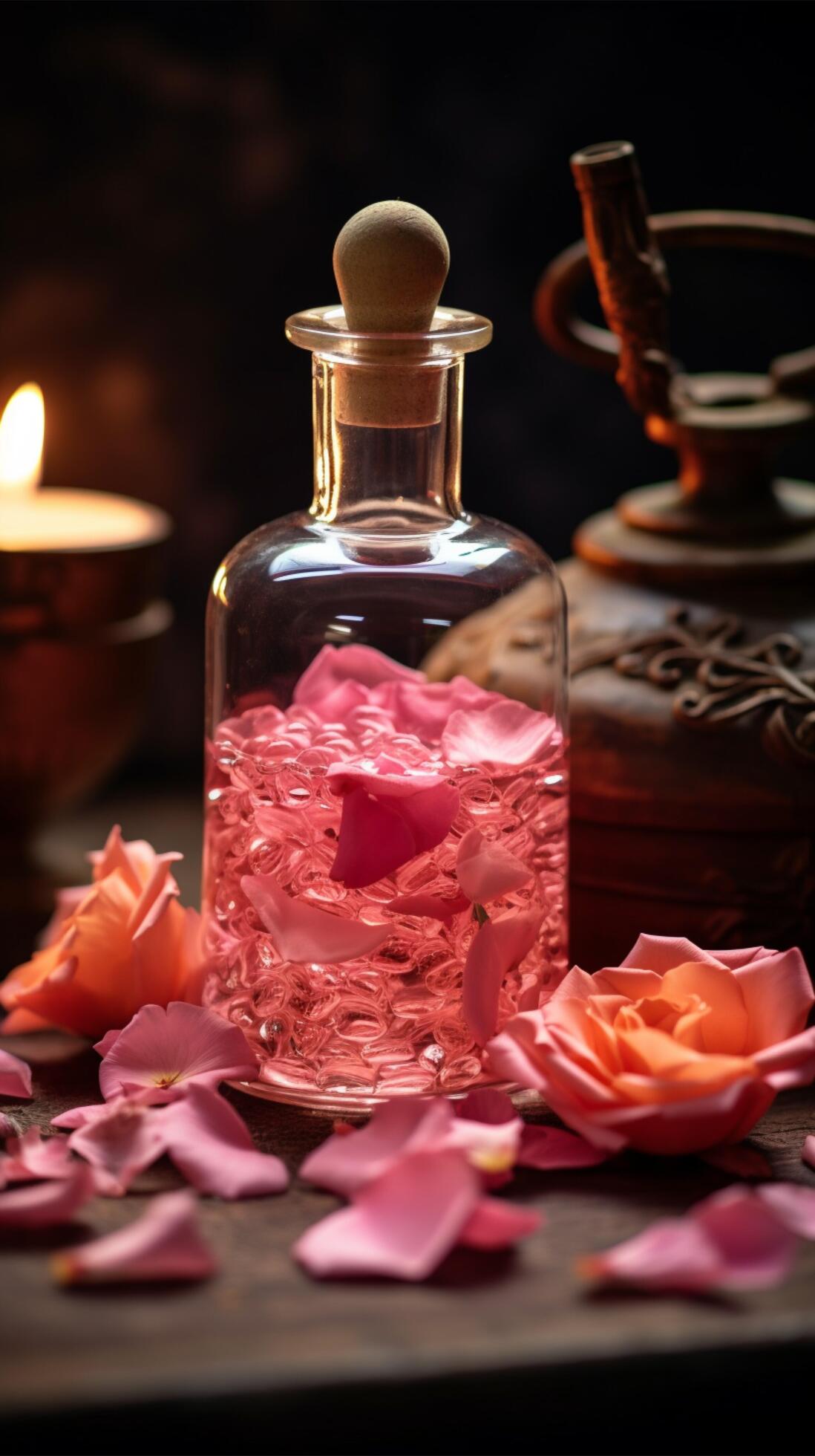Concept of pure organic essential rose oil. Elixir with plant based