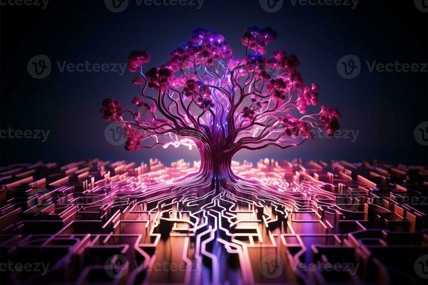 enigmático 3d circuitería árbol me gusta modelo en rosado y púrpura matices ai generado foto