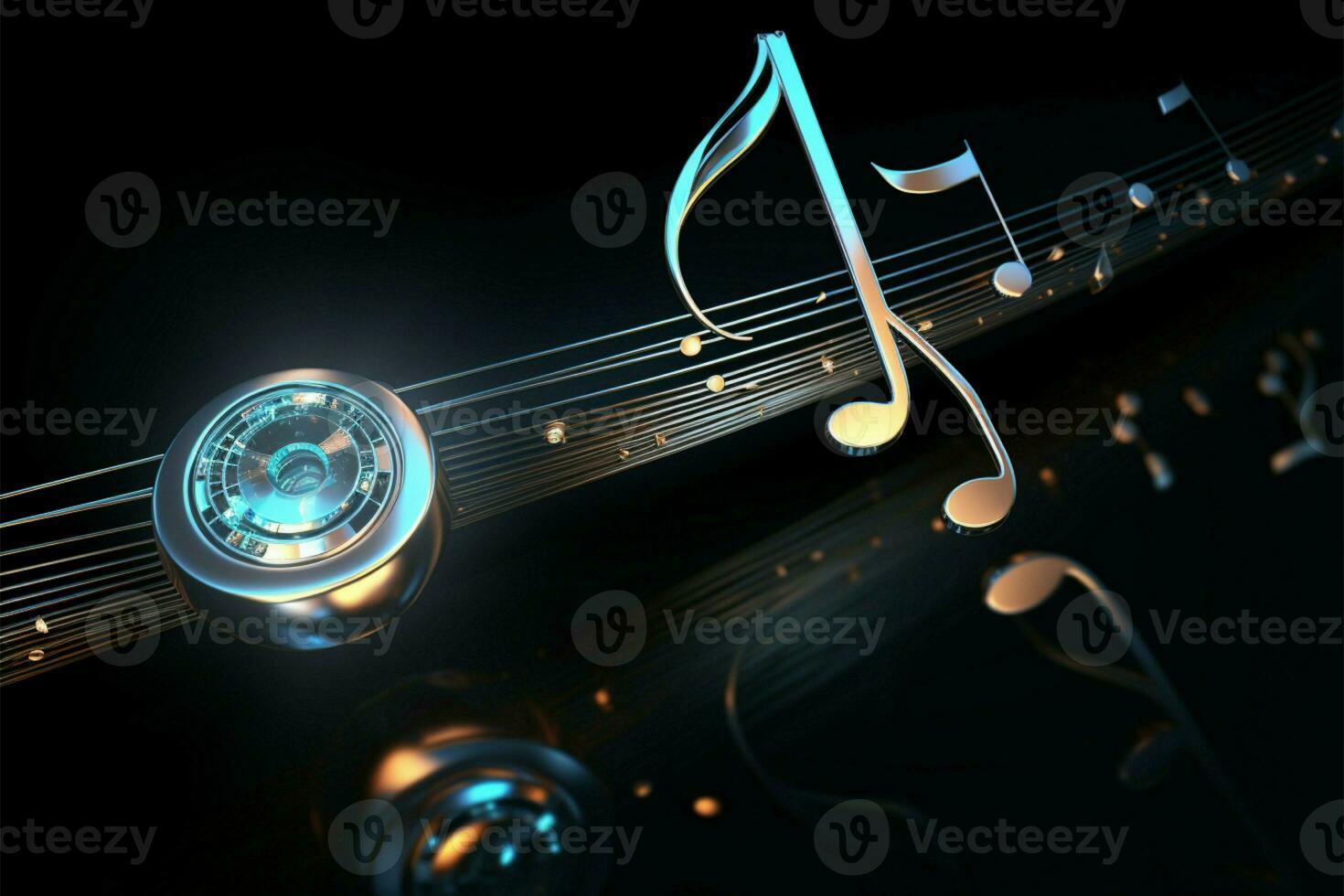 Gleaming musical note on a sleek black background, striking contrast AI Generated photo