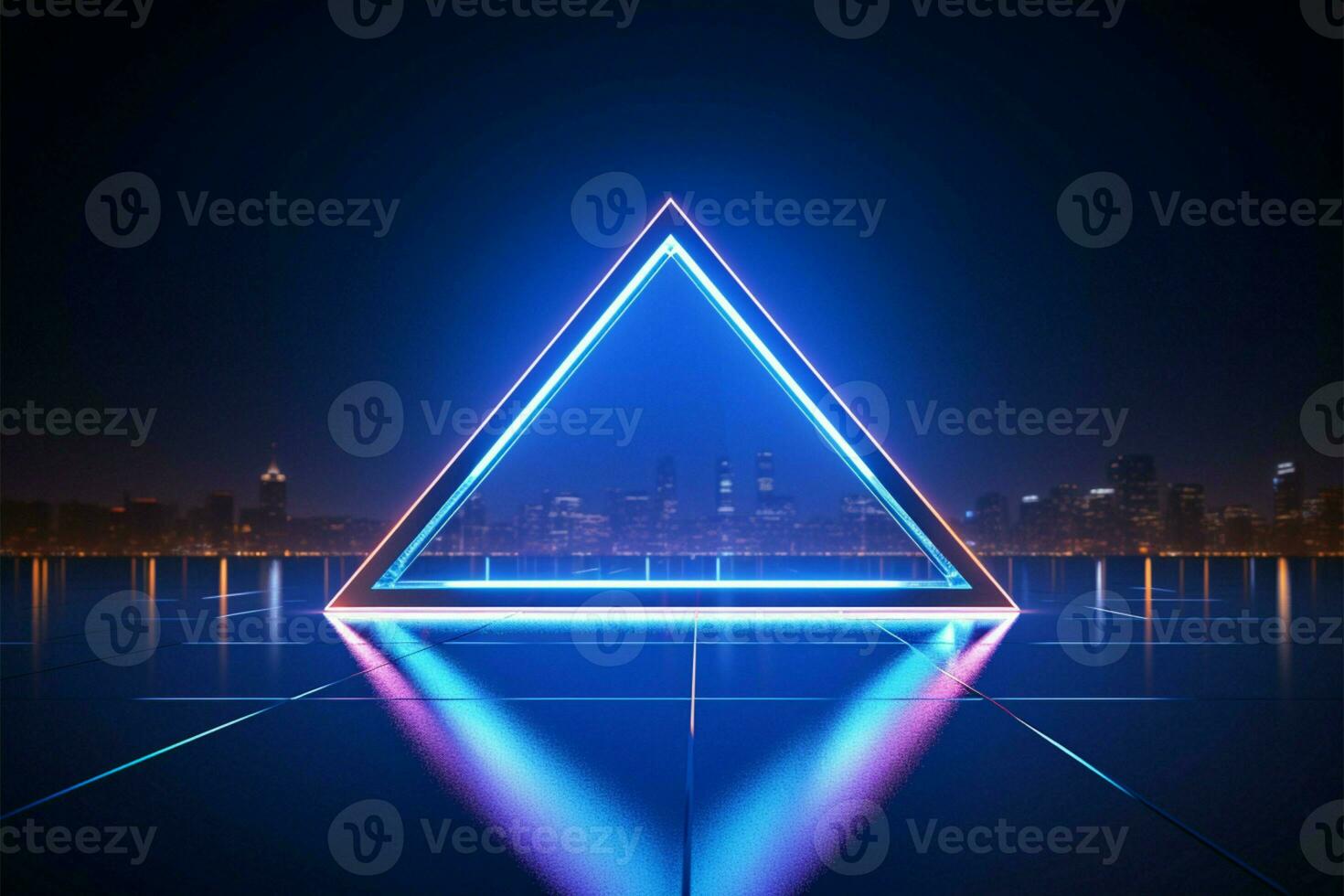 Innovative mock up Neon rhombus on reflective blue, a creative concept AI Generated photo