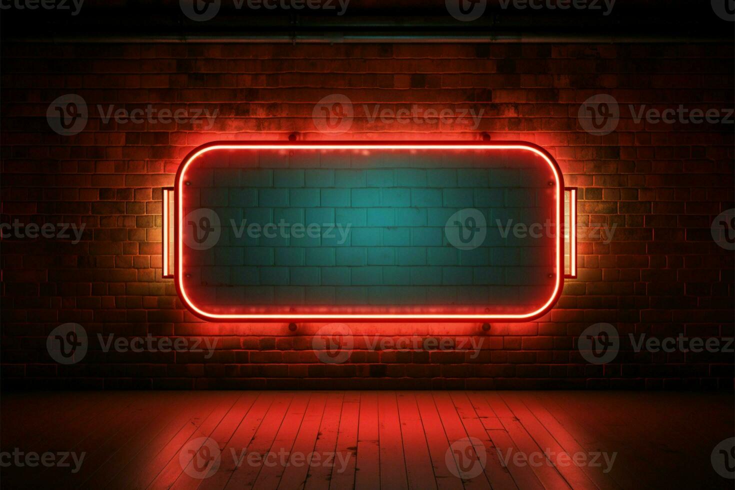 Long billboard sign, framed in neon on a retro brick wall AI Generated photo