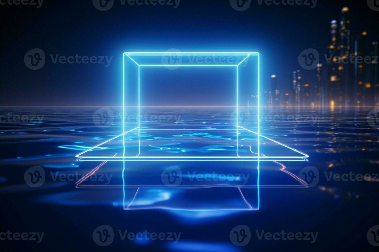 Luminous blue neon square 3D rendering mirrored on water AI Generated photo