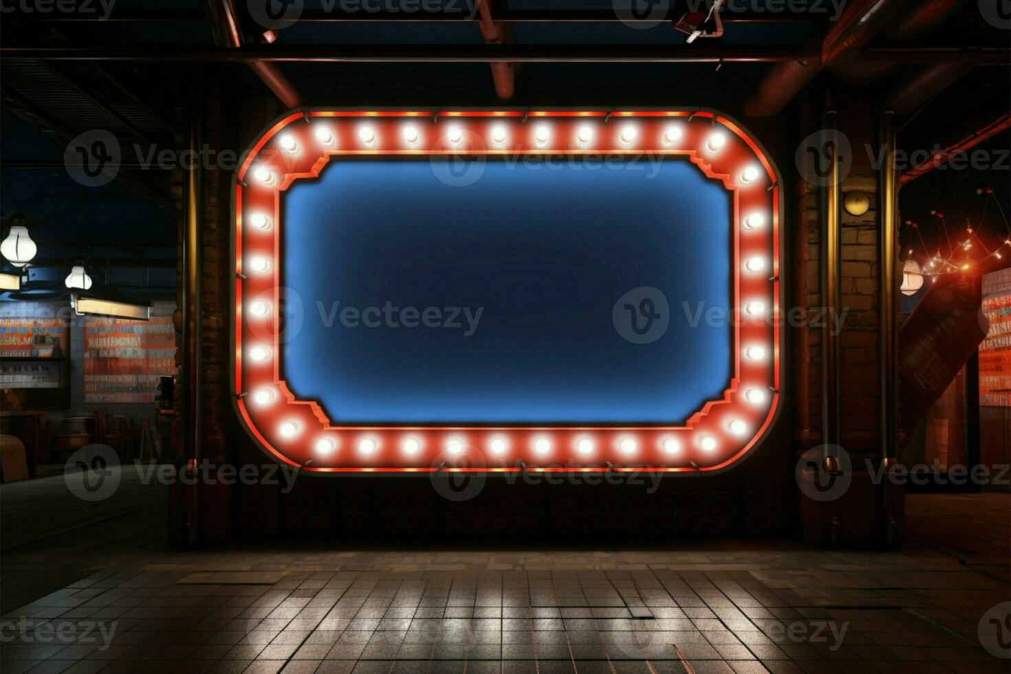 Retro charm illuminated signboard on wall with glowing neon frame AI Generated photo