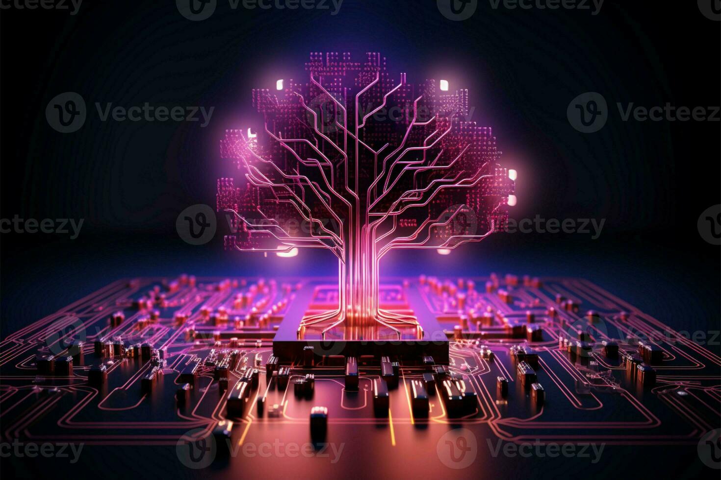 Abstract 3D tree Pink and purple circuits on a dark backdrop AI Generated photo