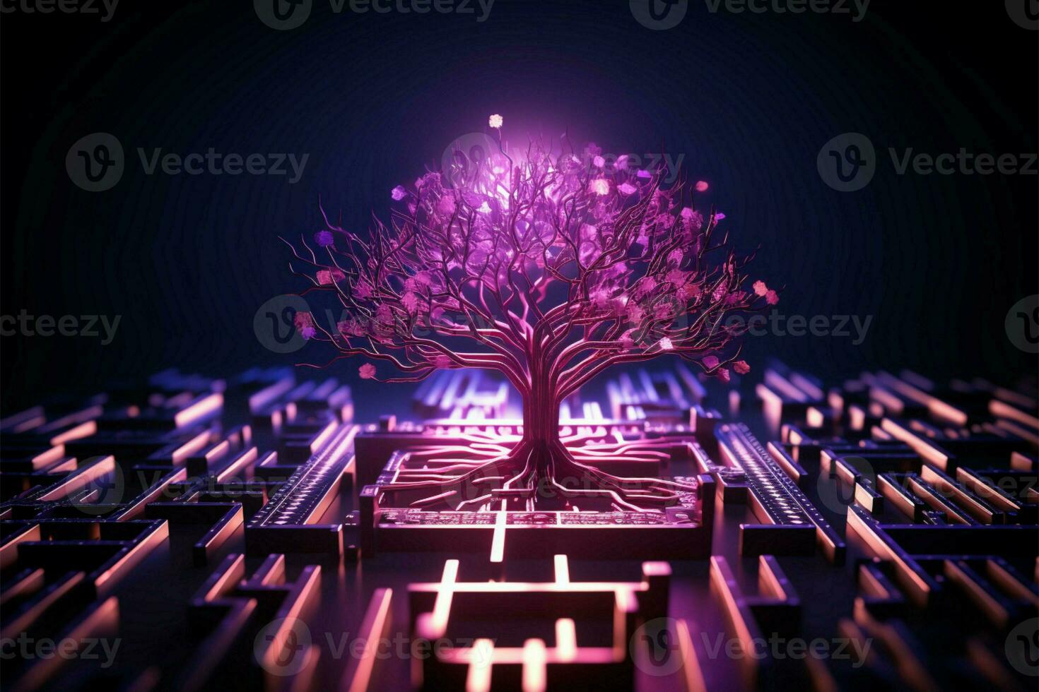 resumen 3d árbol rosado y púrpura circuitos en un oscuro fondo ai generado foto