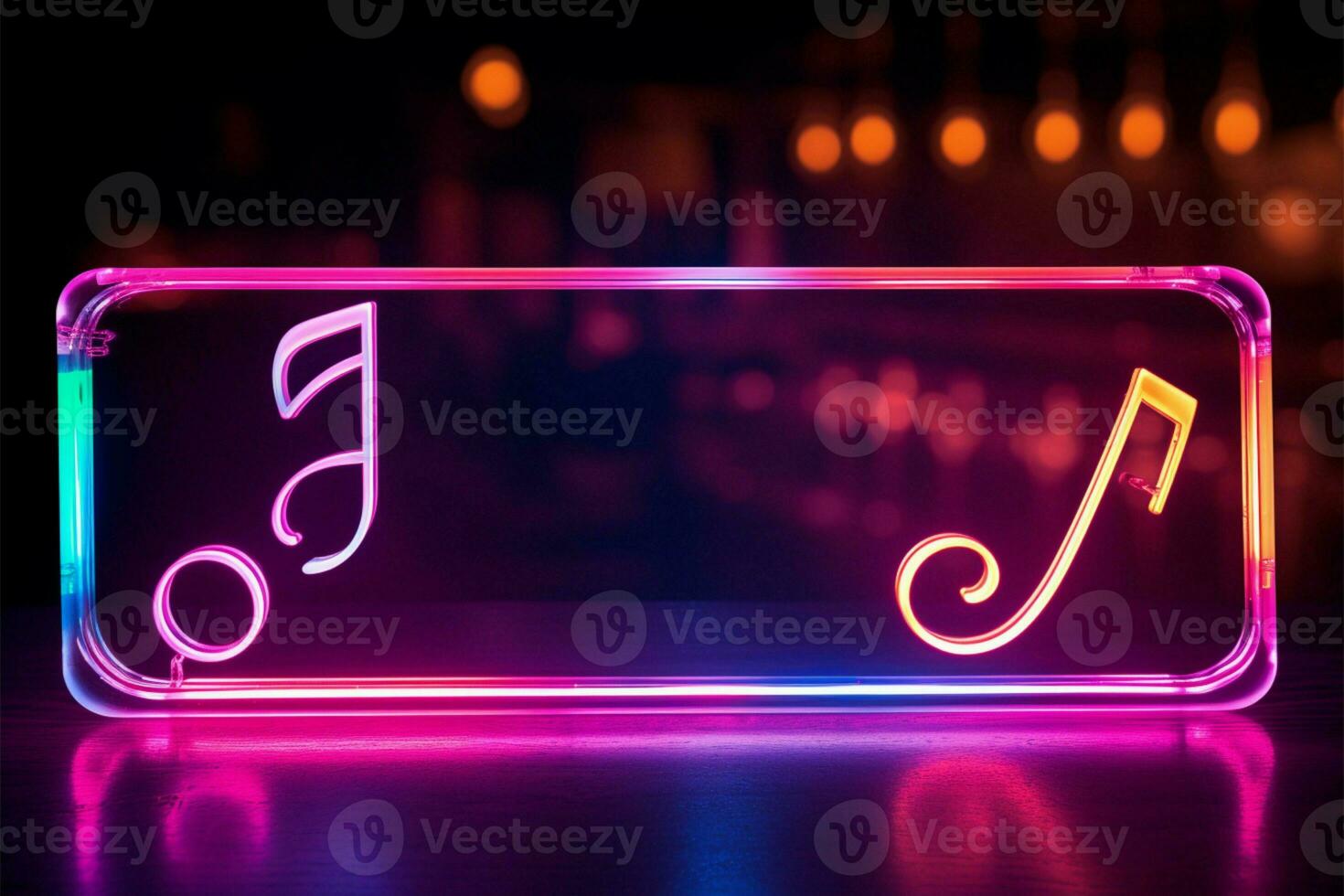 Colorful neon musical note sign lights up the nights entertainment AI Generated photo