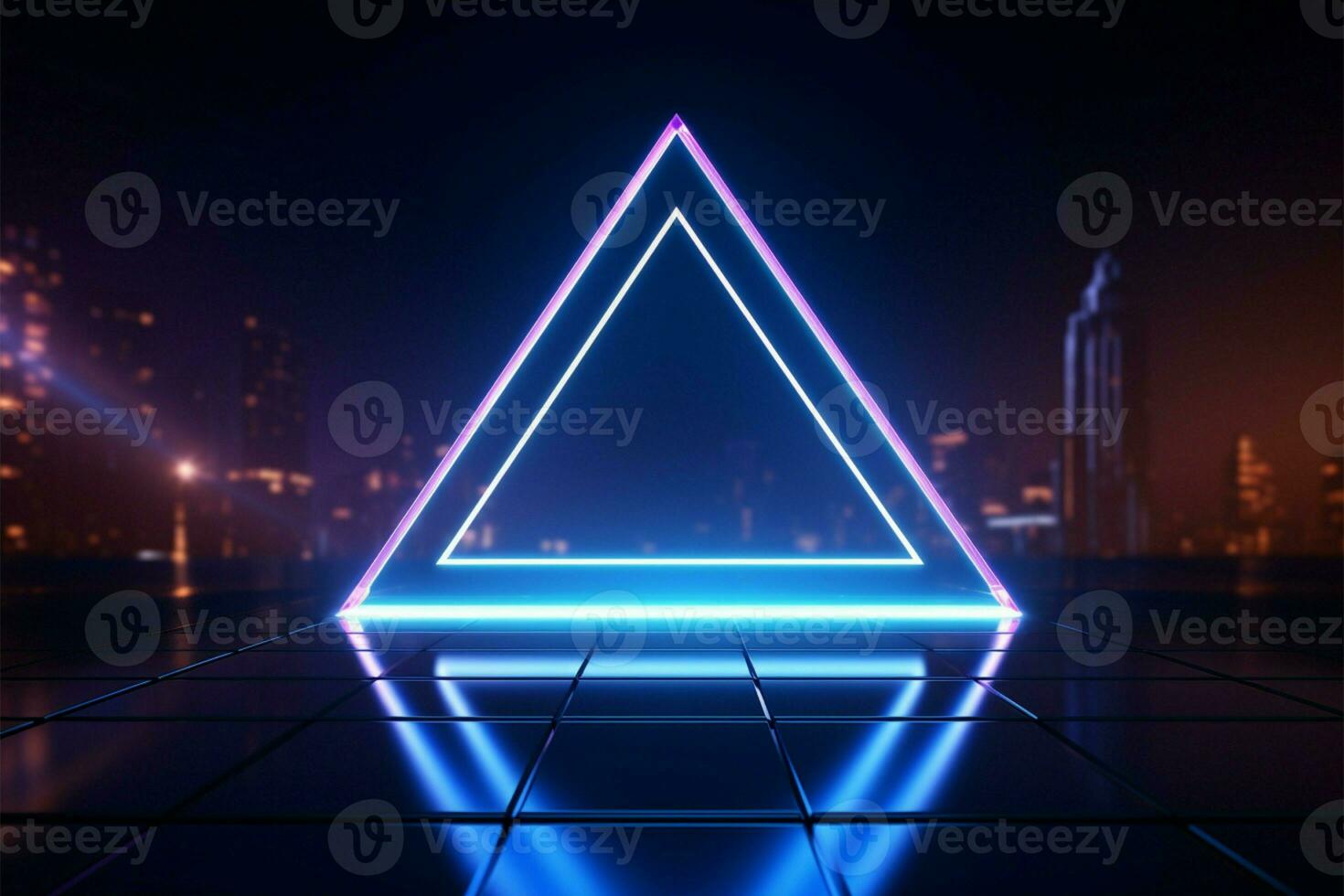 Creative 3D rendering Glowing neon rhombus on a reflective blue banner AI Generated photo