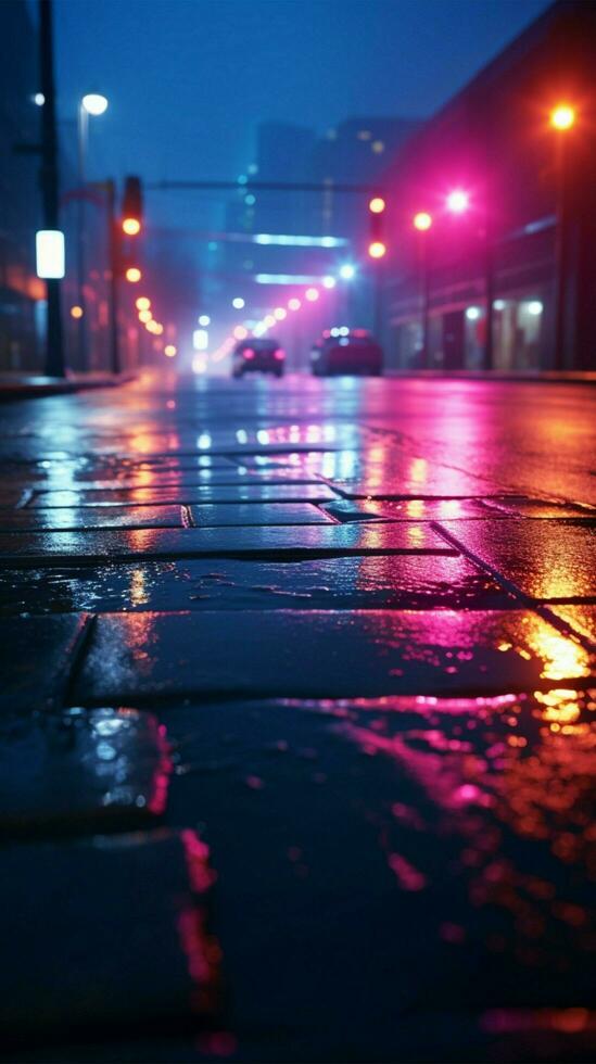 Neon-lit urban setting with searchlight beam, smoky abstract ambiance on wet asphalt Vertical Mobile Wallpaper AI Generated photo