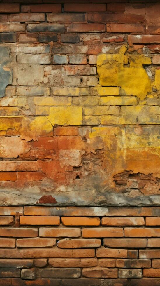 Old and weathered grungy yellow and red brick wall as seamless pattern texture background Vertical Mobile Wallpaper AI Generated photo