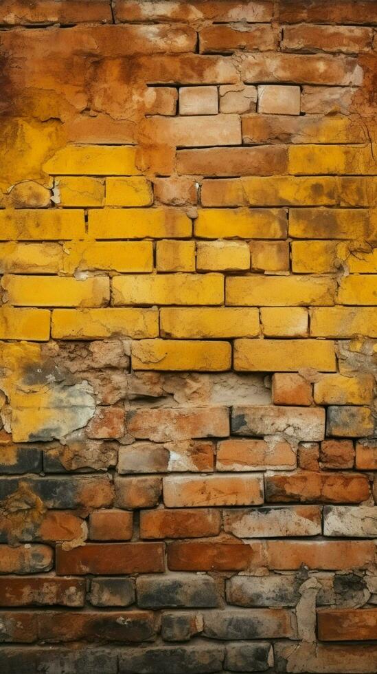 Old and weathered yellow and red brick wall, seamless pattern backdrop Vertical Mobile Wallpaper AI Generated photo