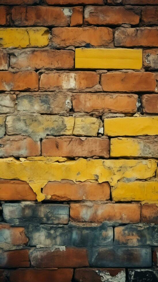 Old and weathered yellow and red brick wall, seamless pattern backdrop Vertical Mobile Wallpaper AI Generated photo
