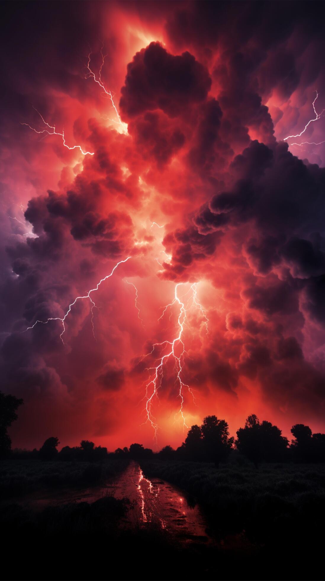 Ominous red sky illuminated by fierce lightning strikes Vertical Mobile
