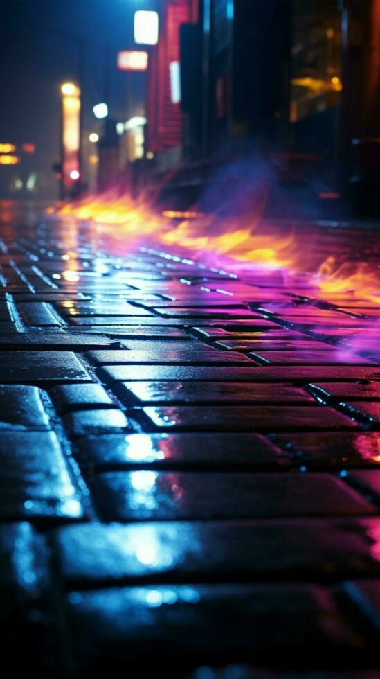 Reflections of neon lights, searchlight, and smoke on damp pavement Vertical Mobile Wallpaper AI Generated photo