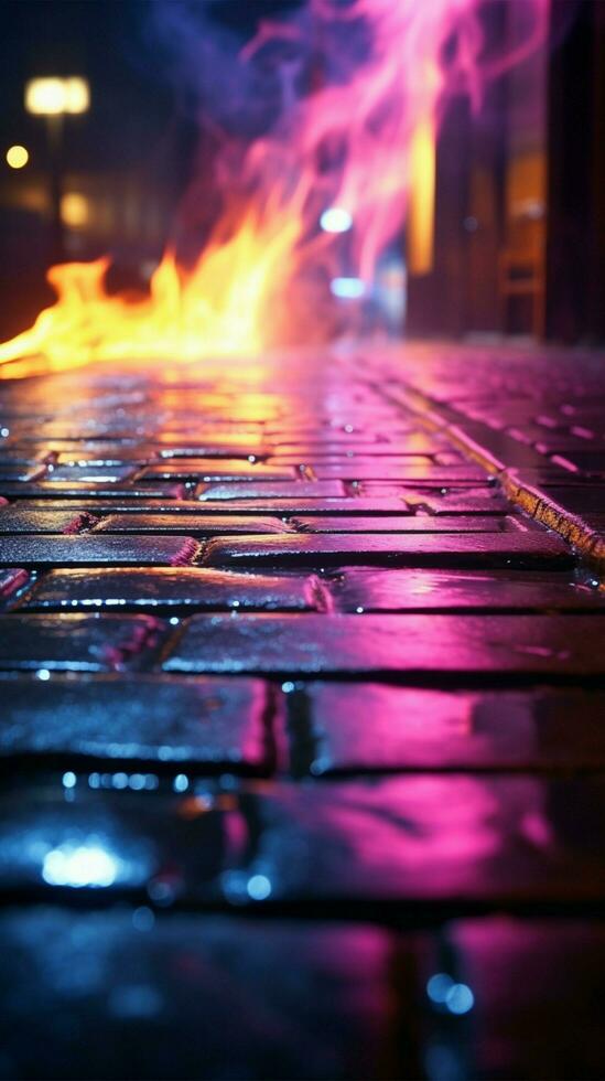 Reflections of neon lights, searchlight, and smoke on damp pavement Vertical Mobile Wallpaper AI