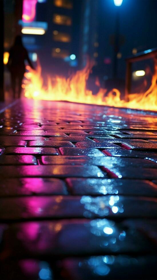 Reflections of neon lights, searchlight, and smoke on damp pavement Vertical Mobile Wallpaper AI Generated photo