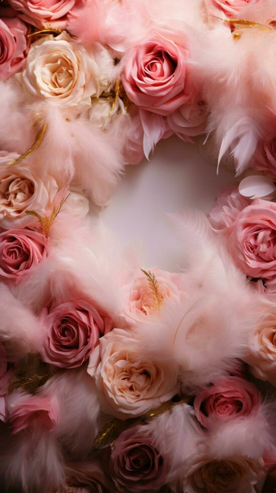 romántico Boda antecedentes presentando oro anillos, eustoma rosas, y delicado rosado plumas vertical móvil fondo de pantalla ai generado foto