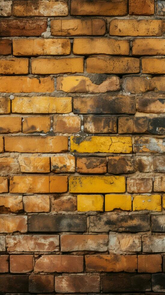 Seamless pattern background with an old and weathered yellow and red brick wall Vertical Mobile Wallpaper AI Generated photo