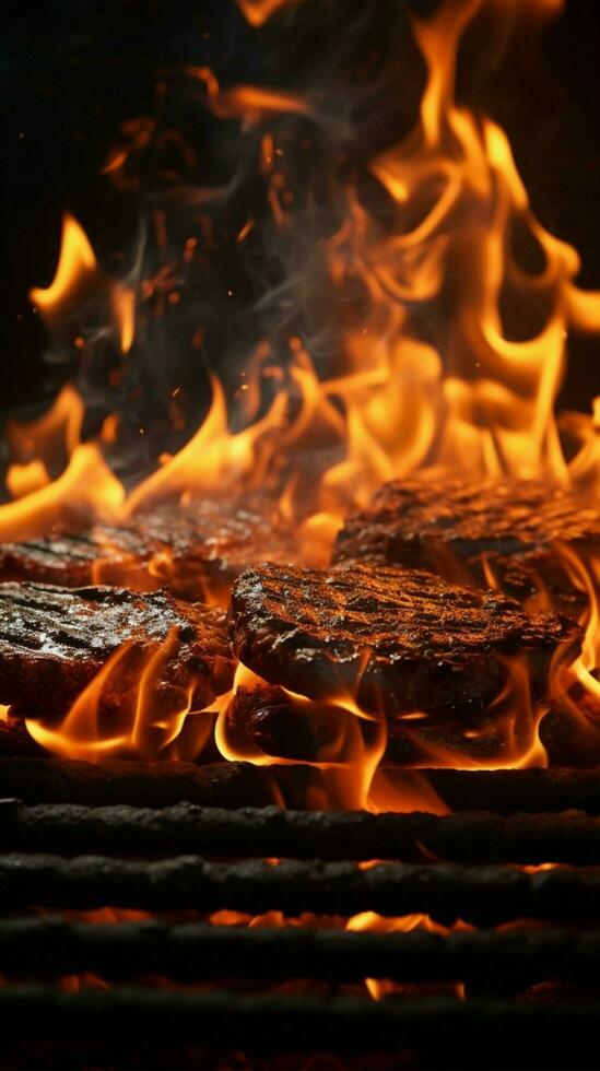 Sizzling flames, Fiery grill ready for some mouthwatering barbecue action Vertical Mobile Wallpaper AI Generated photo