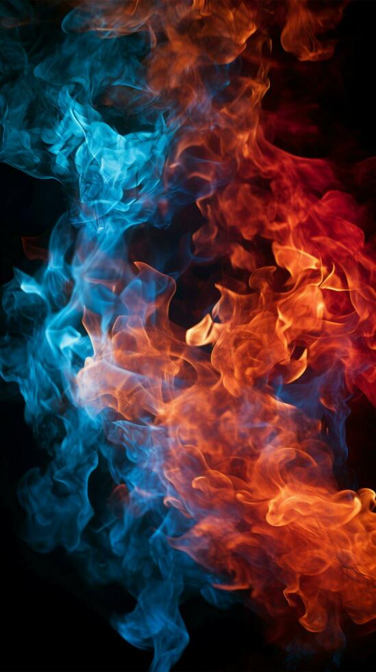 Striking red and blue fire emerges from the black backdrop Vertical Mobile Wallpaper AI Generated photo