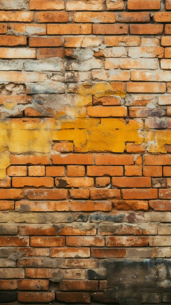Weathered yellow and red brick wall, seamless pattern texture background Vertical Mobile Wallpaper AI Generated photo