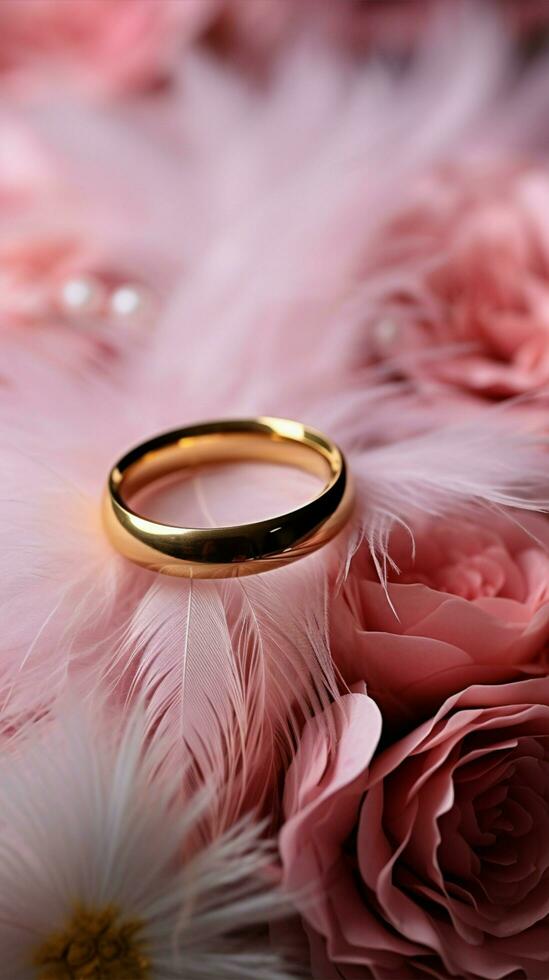 Boda antecedentes con oro anillos, eustoma Rosa flor y ligero rosado pluma vertical móvil fondo de pantalla ai generado foto