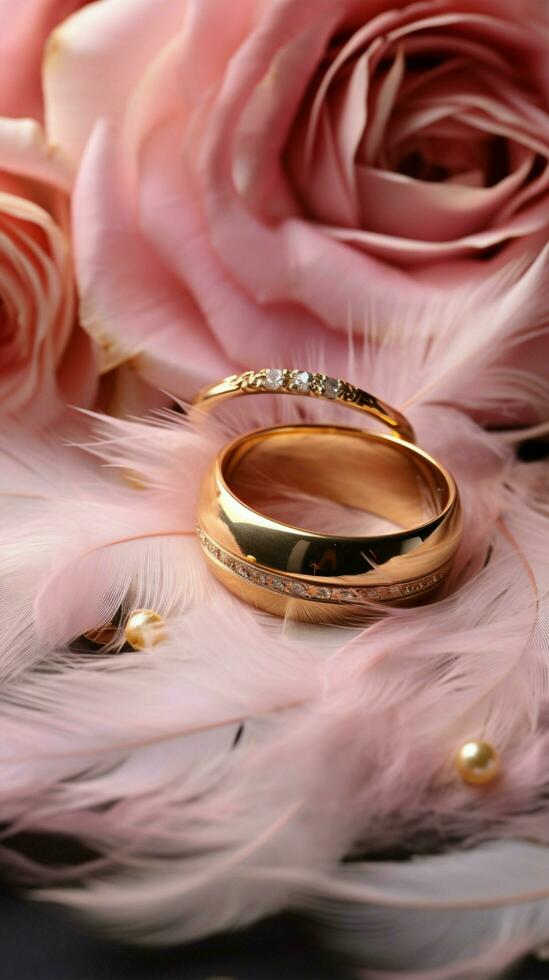 Boda antecedentes con oro anillos, eustoma Rosa flor y ligero rosado pluma vertical móvil fondo de pantalla ai generado foto