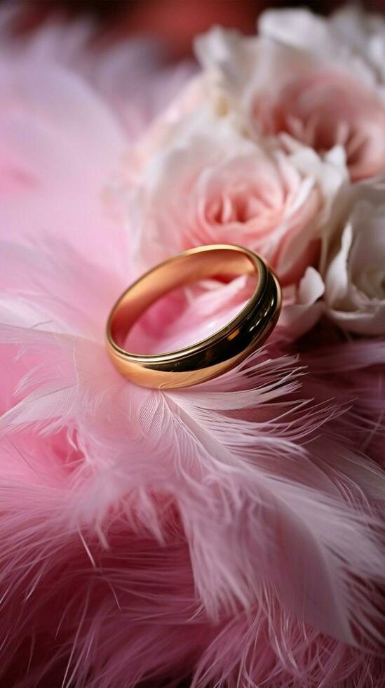 Boda antecedentes con oro anillos, eustoma Rosa flor y ligero rosado pluma vertical móvil fondo de pantalla ai generado foto