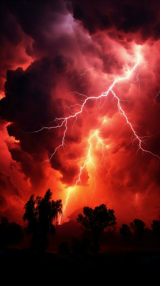 apocalíptico fondo con vibrante relámpago en un oscuro rojo cielo vertical móvil fondo de pantalla ai generado foto