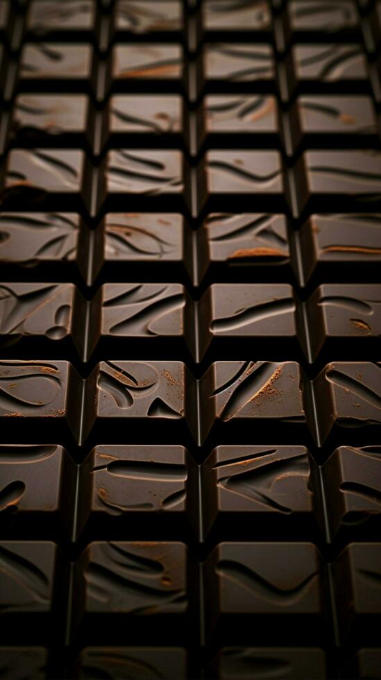 Artful chocolate tiling, Close-up view of carefully crafted dark chocolate squares Vertical Mobile Wallpaper AI Generated photo