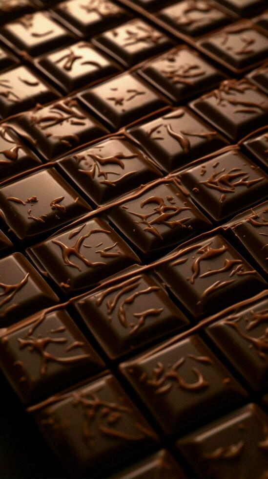 Artful chocolate tiling, Close-up view of carefully crafted dark chocolate squares Vertical Mobile Wallpaper AI Generated photo