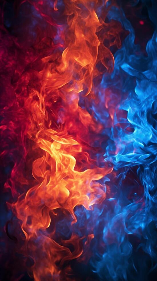 Bold red and blue flames ignite the darkness of the background Vertical