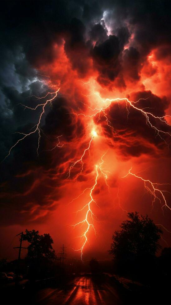 melancólico, apocalíptico atmósfera con vívido rojo relámpago en el cielo vertical móvil fondo de pantalla ai generado foto