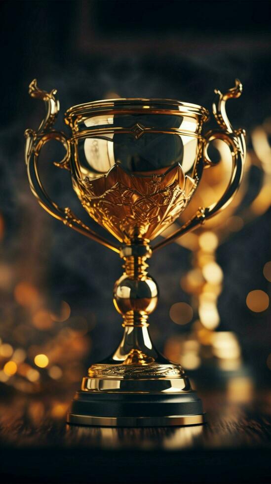 campeón dorado trofeo para ganador antecedentes éxito y logro concepto deporte y taza premio tema vertical móvil fondo de pantalla ai generado foto