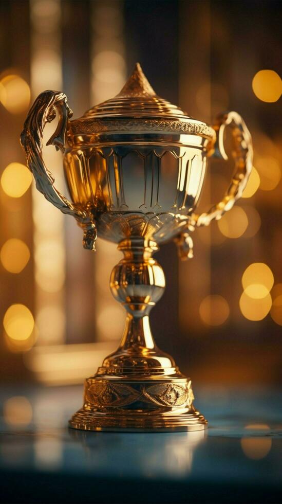campeón dorado trofeo para ganador antecedentes éxito y logro concepto deporte y taza premio tema vertical móvil fondo de pantalla ai generado foto