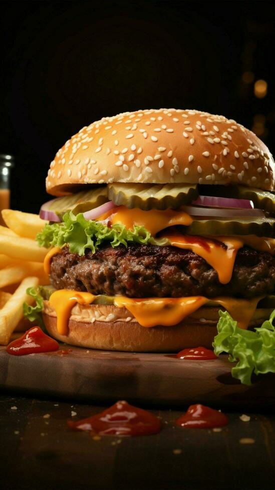 clásico combinación, sabroso hamburguesa con crujiente papas fritas en el lado vertical móvil fondo de pantalla ai generado foto