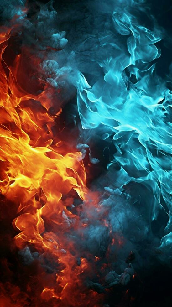 Contrasting fire and ice patterns mesmerize on a dark backdrop Vertical Mobile Wallpaper AI Generated photo