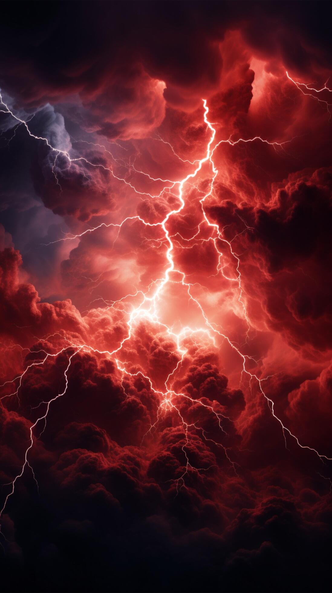 Dark red stormy sky crackling with electrifying apocalyptic lightning
