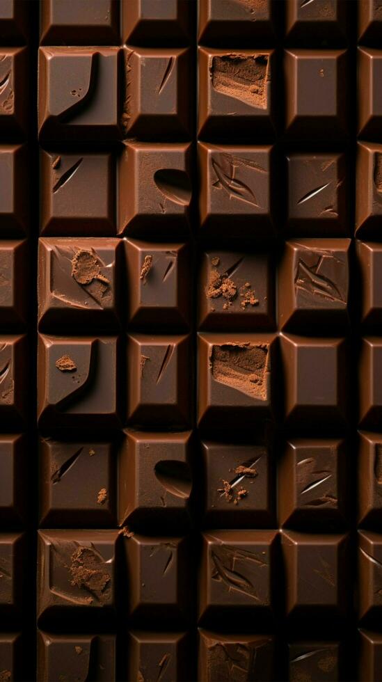 decadente chocolate bloques, de cerca de indulgente oscuro chocolate bar segmentos vertical móvil fondo de pantalla ai generado foto