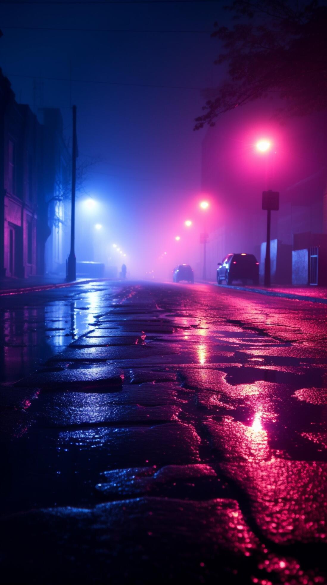 Dark street enveloped in neon reflections, searchlight beam, and smoky mist Vertical Mobile