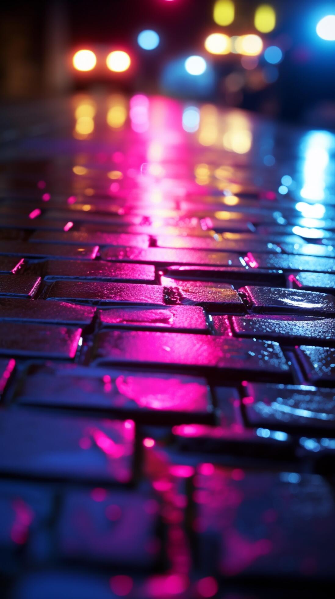 Abstract interplay of neon lights, searchlight, and smoky darkness on wet asphalt Vertical